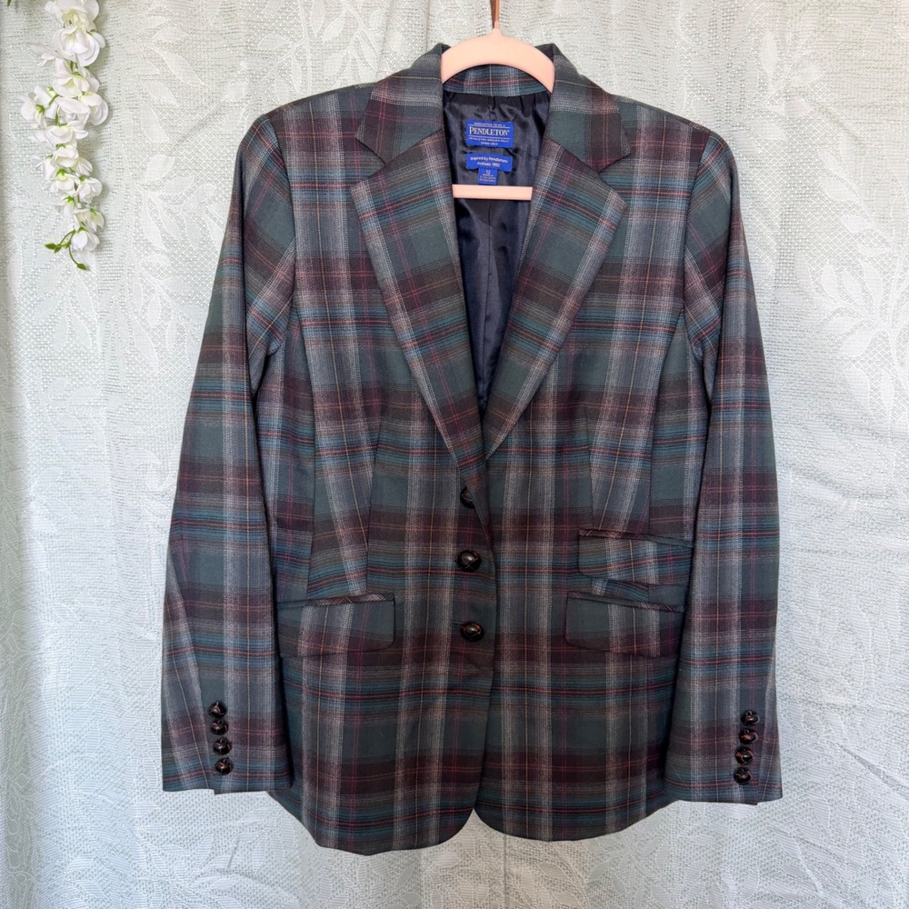 Pendleton Womens 12 Green Plaid Virgin Wool Blazer Archive 1992 Jacket Acdemia